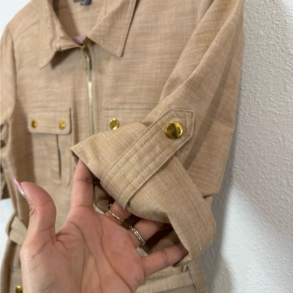 Sharagano Safari Shirt Dress Tan Utility Belted Gold Button Zip Front Size 10 - Picture 4 of 9